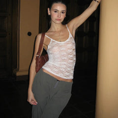 Haut court en dentelle blanche transparente