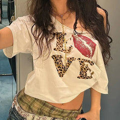T-shirt ample à col en V Leopard Letter Street