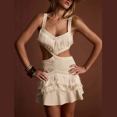 Robe mini à franges et découpes ajourées