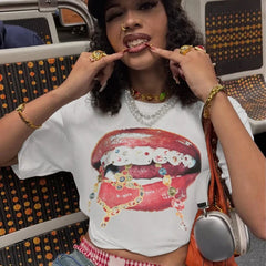 T-shirt décontracté à imprimé lèvres contrasté