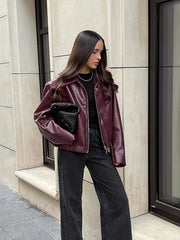 Manteau vintage en PU couleur vin avec poches