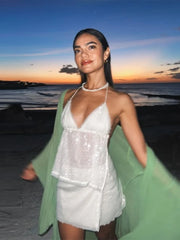 Ensemble deux pièces mini en dentelle à sequins et épaules dénudées