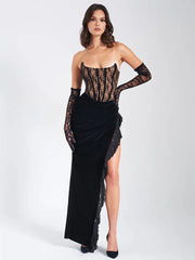 Robe moulante noire bustier en dentelle pour soirée