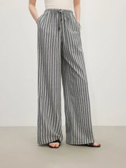 Pantalon rayé taille haute drapé
