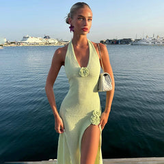 Robe maxi en maille à volants et lacets