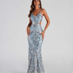 Robe midi de soirée à col en V ajouré et paillettes