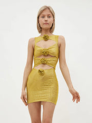 Robe moulante mini à fleurs 3D en strass