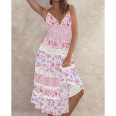 Robe de vacances fleurie à col en V et bordure en dentelle