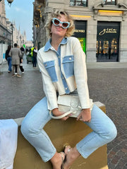 Manteau décontracté en denim patchwork à revers