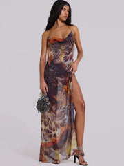 Robe longue fendue en maille imprimée esthétique