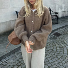 Cardigan uni à col rond et simple boutonnage