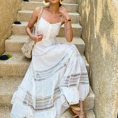 Robe bohème blanche en coton sans manches avec dos élastique