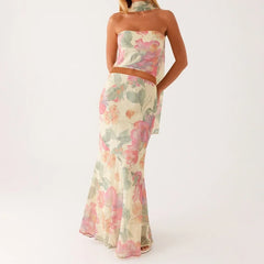 Ensemble deux pièces jupe moulante bustier à fleurs