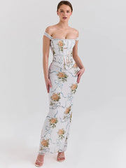 Robe maxi fleurie dos nu épaules dénudées