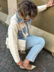 Manteau décontracté en denim patchwork à revers