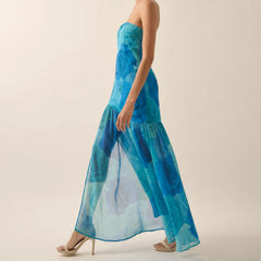 Robe de vacances fendue à volants rose tie-dye