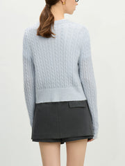 Cardigan bleu en soie à col rond orné de perles