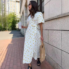 Robe midi fendue à col V fleuri
