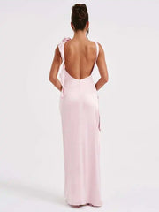 Robe midi dos nu fendue à appliques