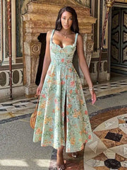 Robe midi imprimée à bretelles et fente trapèze
