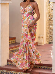 Robe longue à volants et col en V à fleurs