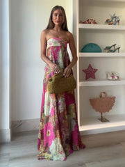 Robe bohème plissée imprimée sans bretelles à taille haute