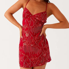 Robe moulante à sequins et perles à col en V ornée de fleurs