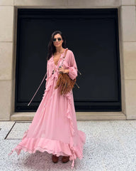 Robe longue maxi en mousseline à manches longues et volants
