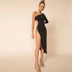 Robe moulante sexy asymétrique unie