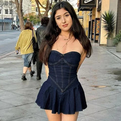 Robe mini bustier en jean trapèze