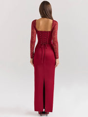 Robe longue moulante carrée fendue à lacets