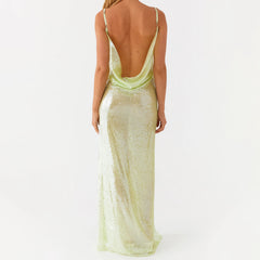 Robe longue moulante à paillettes et strass