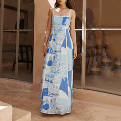 Robe maxi bohème imprimée à bretelles longues et dos nu