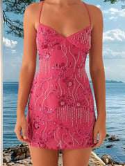Robe courte à col V et dos nu à fleurs