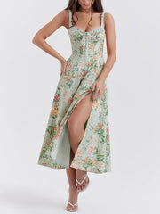 Robe midi dos nu à bretelles fines et décolleté fleuri