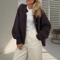 Cardigan uni à col rond et simple boutonnage