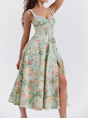 Robe midi dos nu à bretelles fines et décolleté fleuri