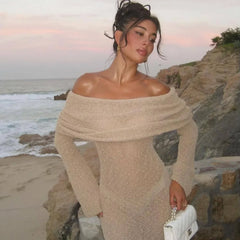 Robe midi à épaules dénudées en maille ajourée