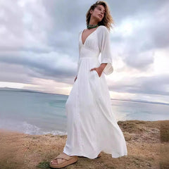 Robe bohème en polyester à col V profond et taille élastique
