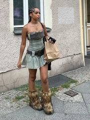 Robe mini en jean bustier ceinturée