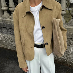 Manteau court décontracté en daim à revers contrastés