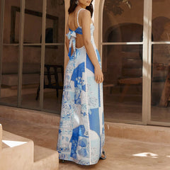 Robe maxi bohème imprimée à bretelles longues et dos nu