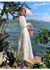 Robe bohème vintage en coton à col V et dentelle florale
