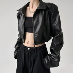 Manteau court rétro à revers en PU noir