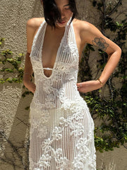 Robe longue dos nu à volants et fronces