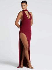 Robe longue moulante dos nu fendue en V profond