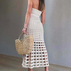 Robe longue bustier en maille ajourée