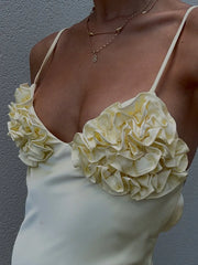 Robe longue nuisette en satin jaune à fleurs
