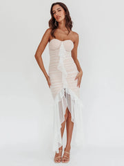Robe midi bustier en dentelle drapée