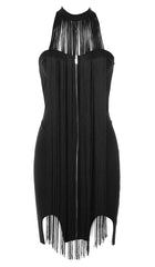 Robe midi bandage dos nu à franges noire